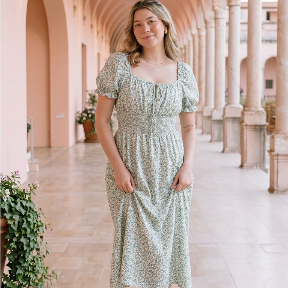 Allegra K Light Green Floral Puff-Sleeve Maxi Dress